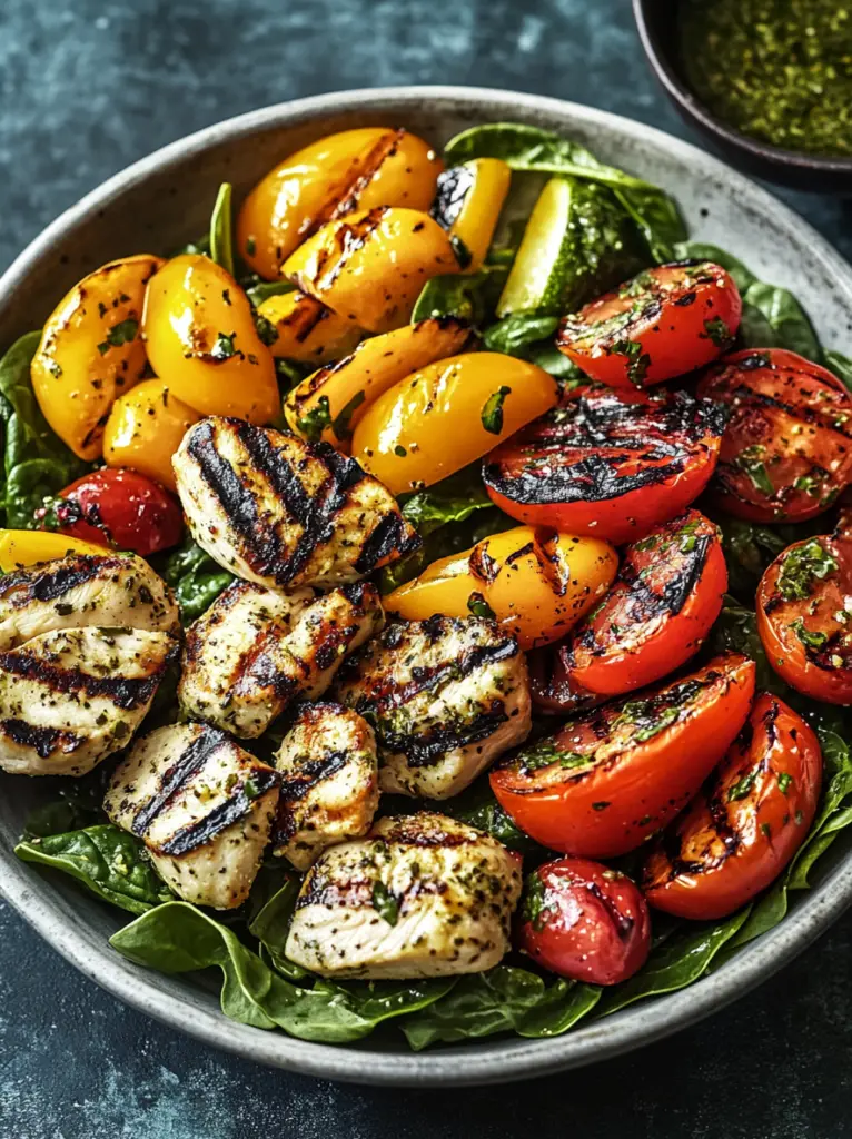 Spinach Salad with Grilled Veggies and Herb Chicken